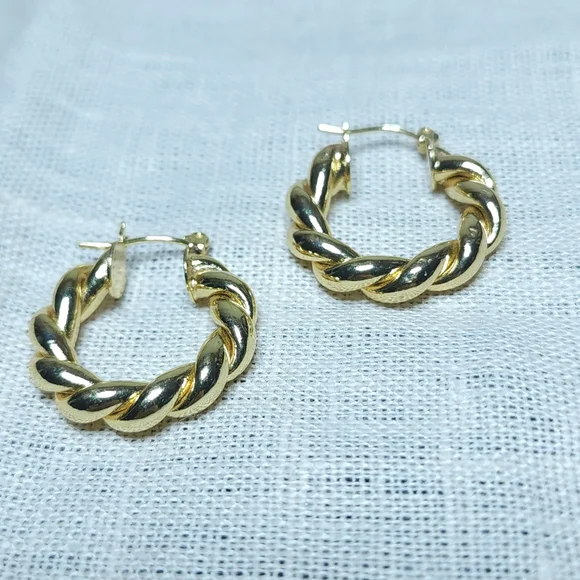 Vintage Gold Twist Twisted Hoop Earrings Modernist Wavy Chunky - Picture 5 of 7